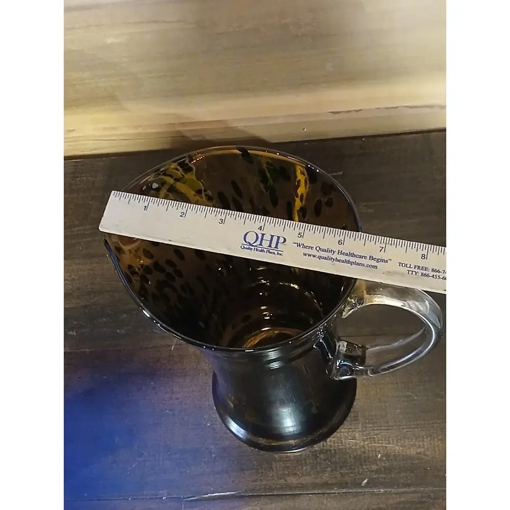 Vintage Blown Glass Leopard Print Pitcher Amber Brown Clear Handle - Small Chips